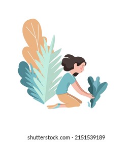 Young Cute Girl Gardener In A Blue T-shirt Plants Garden Plants Against The Background Of Trees. Flat Vector Illustration Isolated On White Background. For Applications, Articles, Packaging Design