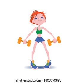 Young cute girl goes in for sports with dumbbells. Efforts to lift heavy weights. Cartoon character vector illustration