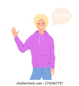 Young cute girl greets with a gesture of her hands. Smiling woman in casual clothes and speech bubble with the words Hello. Vector illustration isolated on white background