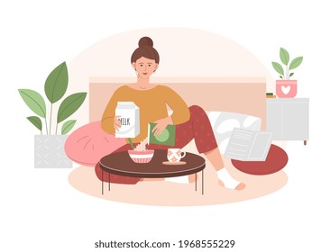 Young cute girl having breakfast at home with milk and muesli and drinking coffee. Young happy woman dining at home. Lady having lunch. Daily activity, everyday life. Flat cartoon vector illustration