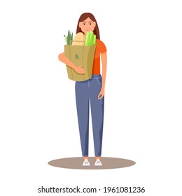 Young cute  girl holding a paper eco bag with fresh food.  Zero Waste. Ecological no plastic bags concept. Vector flat illustration