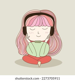 Young cute girl listening to music on headphone. Vector illustration in doodle art style