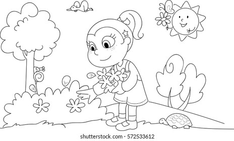 Young cute girl picking flowers in a sunny wood. Coloring illustration.