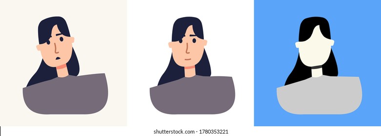 Young cute girl portrait. Surprised and interested. Silhouette. Avatar. Vector Flat Illustration.