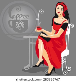 young cute girl in red; drinking coffee