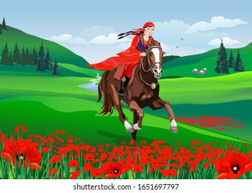 Muchacha linda - montando un caballo con montañas retroiluminadas en primavera. Fiesta de Nauryz y un campo de amapolas rojas. Ilustración del vector