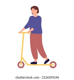Young cute girl riding on eco electric scooter. Personal urban way of transportation cartoon vector illustration