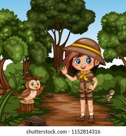 Young Cute Girl Scout Cartoon Character with a Wood Stick and Magnifying Glass and a Wise Owl Standing on The Log in the Forest. Little Girl and Owl Standing on a Forest Path