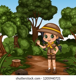 Young Cute Girl Scout Waving Cartoon Character in a Costume and Scout Hat. Little Scout Standing on a Forest Path
