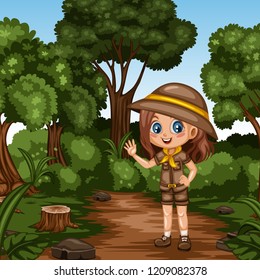 Young Cute Girl Scout Waving Cartoon Character in a Costume and Scout Hat. Little Scout Standing on a Forest Path