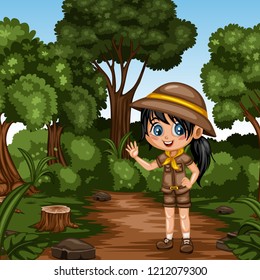 Young Cute Girl Scout Waving Cartoon Character in a Costume and Scout Hat. Little Scout Standing on a Forest Path