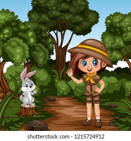 Young Cute Girl Scout Waving Cartoon Character in a Costume and Scout Hat and a Cute Rabbit Standing on The Log in the Forest. Little Scout Standing on a Forest Path