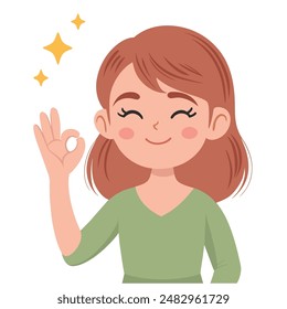 Young cute girl showing ok sign with fingers. Cute cartoon vector illustration.