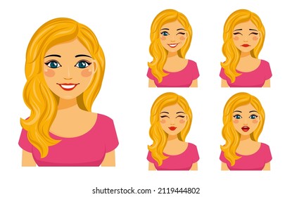 Young cute girl shows different emotions. Flirting, kissing, sad, surprised, winking. Flat style on white background. Cartoon.