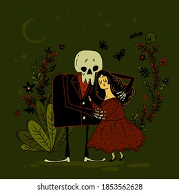 Young cute girl and skeleton tender hugging. Bride and groom with skull lovely sweet characters. Death and woman wedding gothic concept. Doodle simple drawing, stock vector  illustration.
