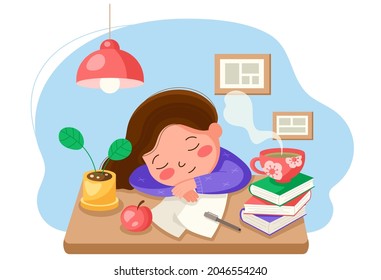 Young cute girl sleeps at the table in front of college study books and notebooks. Girl was tired during her studies. Vector isolated illustration with blue background mug and plant on the table.