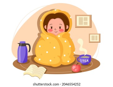 Young cute girl spends time at home wrapped in a blanket on a cold winter day. Cozy time at home in a blanket with tea, a book and an apple. Staying at home vector modern cartoon illustration