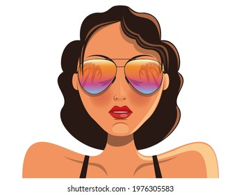 Young cute girl in sunglasses that reflect the sea and palms. Summer Holiday. Vector illustration
