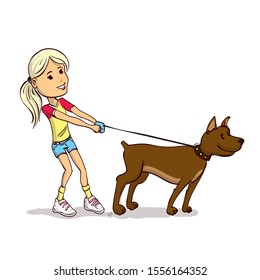 Young cute girl is walking with a big dog. Hand drawn cartoon vector illustration.
