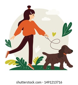 Young cute girl walking with a dog. Vector illustration for service of pet sitter, walker, vet clinic, pet care, hospital, dog shelter. Design template for poster, booklet, banner, flyer, web, advert