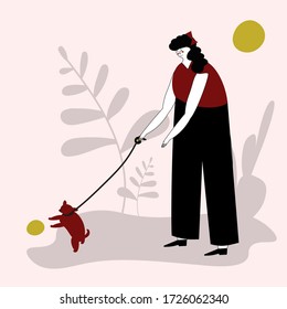 Young cute girl walking with a dog. Vector illustration for service of pet sitter, walker, vet clinic, pet care, hospital, dog shelter. Design template for poster, booklet, banner, flyer, web, advert