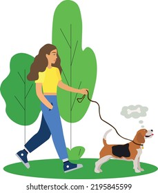 Young cute girl walks with a dog in the park. Happy pet owner. Flat vector illustration. Charming beagle. Active recreation concept. Dog is man's best friend