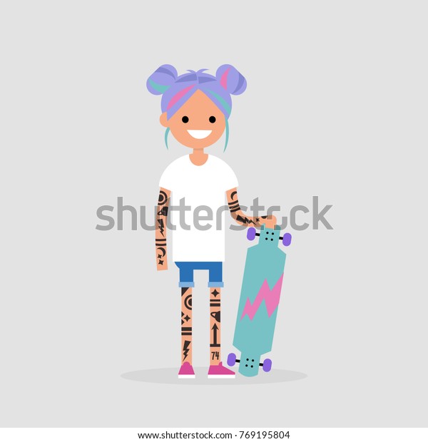 パステルカラーの若いかわいい女の子 タトゥーとスケートボード 青年文化 トレンディ千年祭 フラットな編集可能なベクターイラスト クリップアート のベクター画像素材 ロイヤリティフリー