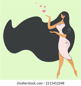 Young cute graceful woman with hearts. Silhouette of a cute girl giving love. Isolated vector character on green background. Attractive image with long hair for stylish design with space for text.