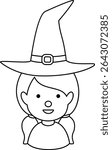
Young cute Halloween witch cosplay avatar profile outline isolated. 
Halloween witch face coloring page design.
Transparent background. 