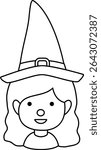
Young cute Halloween witch cosplay avatar profile outline isolated. 
Halloween witch face coloring page design.
Transparent background. 