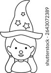 
Young cute Halloween witch cosplay avatar profile outline isolated. 
Halloween witch face coloring page design.
Transparent background. 