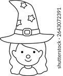 
Young cute Halloween witch cosplay avatar profile outline isolated. 
Halloween witch face coloring page design.
Transparent background. 