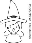 
Young cute Halloween witch cosplay avatar profile outline isolated. 
Halloween witch face coloring page design.
Transparent background. 