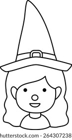 
Young cute Halloween witch cosplay avatar profile outline isolated. 
Halloween witch face coloring page design.
Transparent background. 