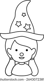 
Young cute Halloween witch cosplay avatar profile outline isolated. 
Halloween witch face coloring page design.
Transparent background. 