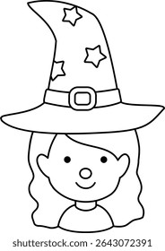 
Young cute Halloween witch cosplay avatar profile outline isolated. 
Halloween witch face coloring page design.
Transparent background. 