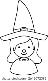 
Young cute Halloween witch cosplay avatar profile outline isolated. 
Halloween witch face coloring page design.
Transparent background. 