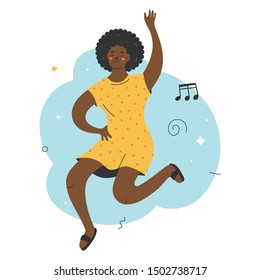 Young cute happy dancing girl character, female dancer to music isolated . Smiling young woman enjoying dance party. Vector illustration in modern trendy flat cartoon style.