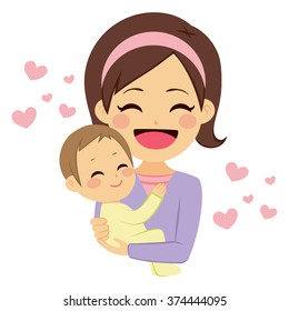 Young cute happy mother smiling hugging lovely baby with pink hearts