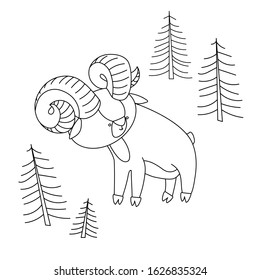 a young cute horned argali male in the forest, vector illustration with black contour lines isolated on a white background in Scandinavian and hand drawn style