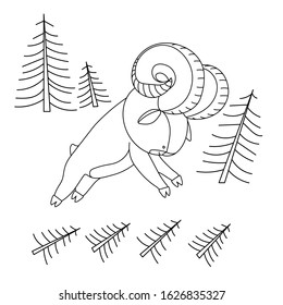 a young cute horned argali male in the forest, vector illustration with black contour lines isolated on a white background in Scandinavian and hand drawn style