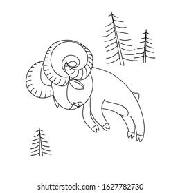 a young cute horned argali male in the forest, simple decorative ornament, vector illustration with black contour lines isolated on a white background in Scandinavian and hand drawn style