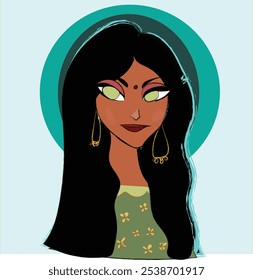 Young cute indian girl hand drawn cartoon. Beautiful girl with green eyes and long hair.