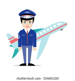 Young cute male pilot in hat and suit standing in front of flying airplane. Vector cartoon character. White isolated background. Flat design. Concept for occupation, job or work illustration.