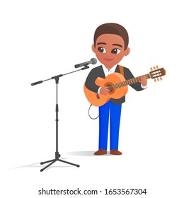 Young cute man musician is standing with an acoustic guitar and microphone. Sings a song. African american. Vector isolated cartoon illustration