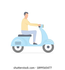 Young cute man on scooter. Cartoon guy character riding on blue motor scooter. Healthy lifestyle concept. Vector illustration isolated on white
