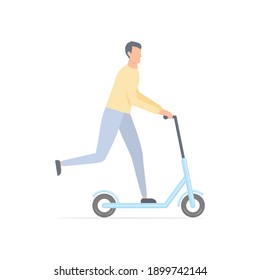 Young cute man on scooter. Cartoon guy character riding on electric scooter. Healthy lifestyle concept. 