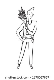 A young, cute man stands in full growth. Waiting for a sweetheart with a bouquet of flowers. Isolated illustration on a white background. Black line art in hand-drawn style. Vector image.