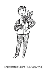 Un hombre joven y lindo está en pleno crecimiento. Esperando a un amor con un ramo de flores. Ilustración aislada en fondo blanco. Arte en línea negra de estilo artesanal. Imagen vectorial.