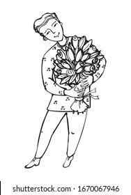 A young, cute man stands in full growth. Waiting for a sweetheart with a bouquet of flowers. Isolated illustration on a white background. Black line art in hand-drawn style. Vector image.